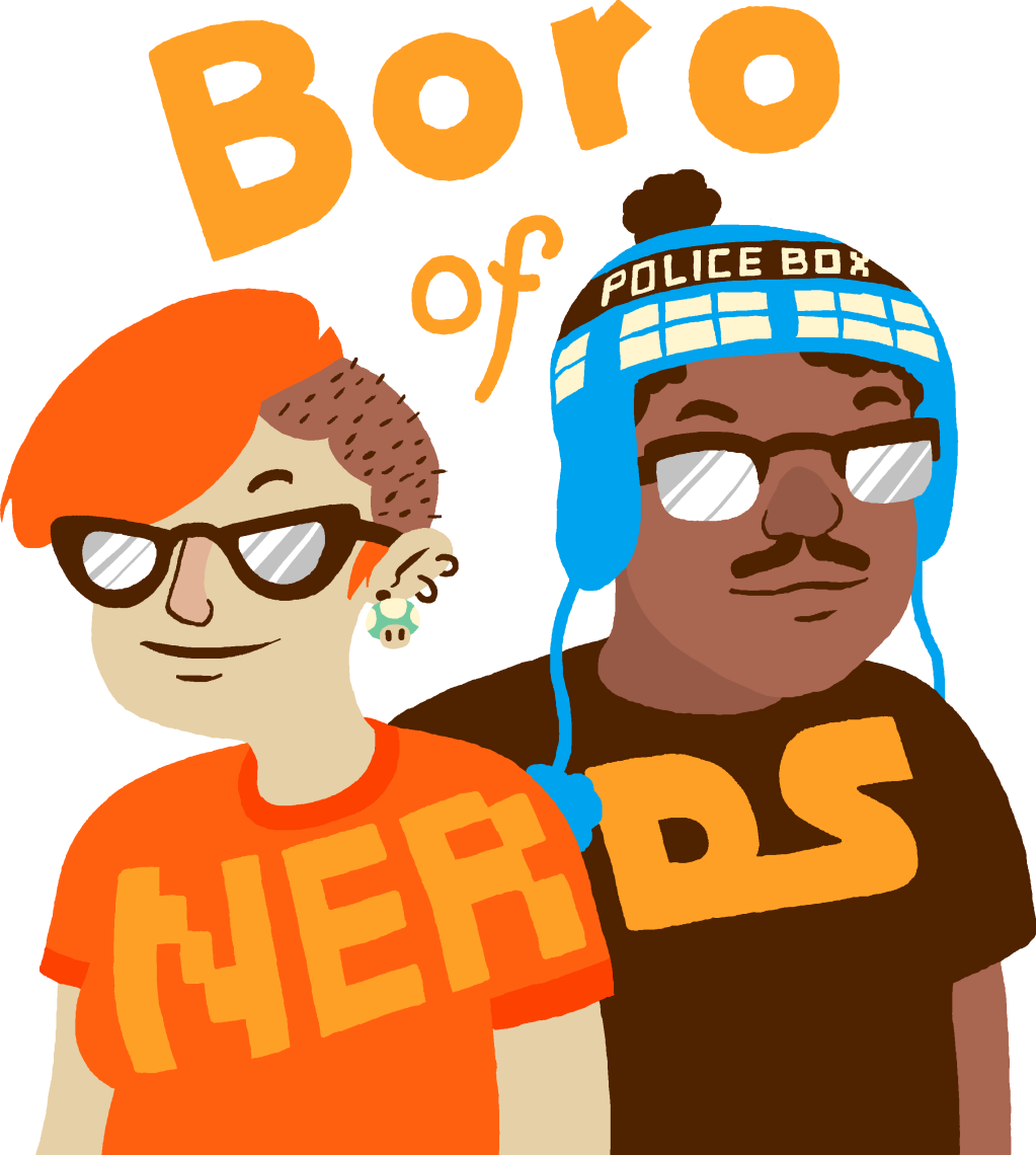 This is a cartoon version of two men in shirts that say "nerd."