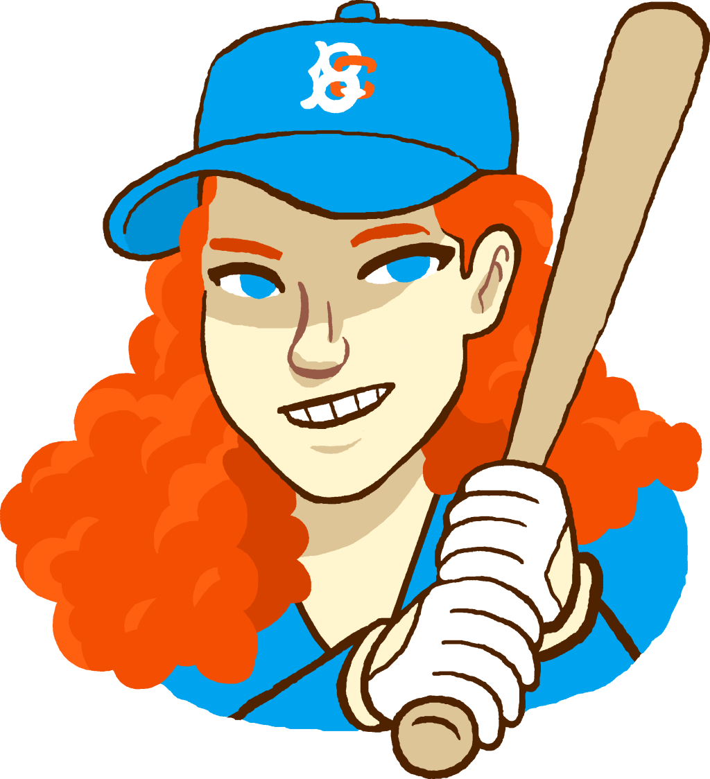 This is a cartoon version of woman wearing a baseball hat and holding a bat.