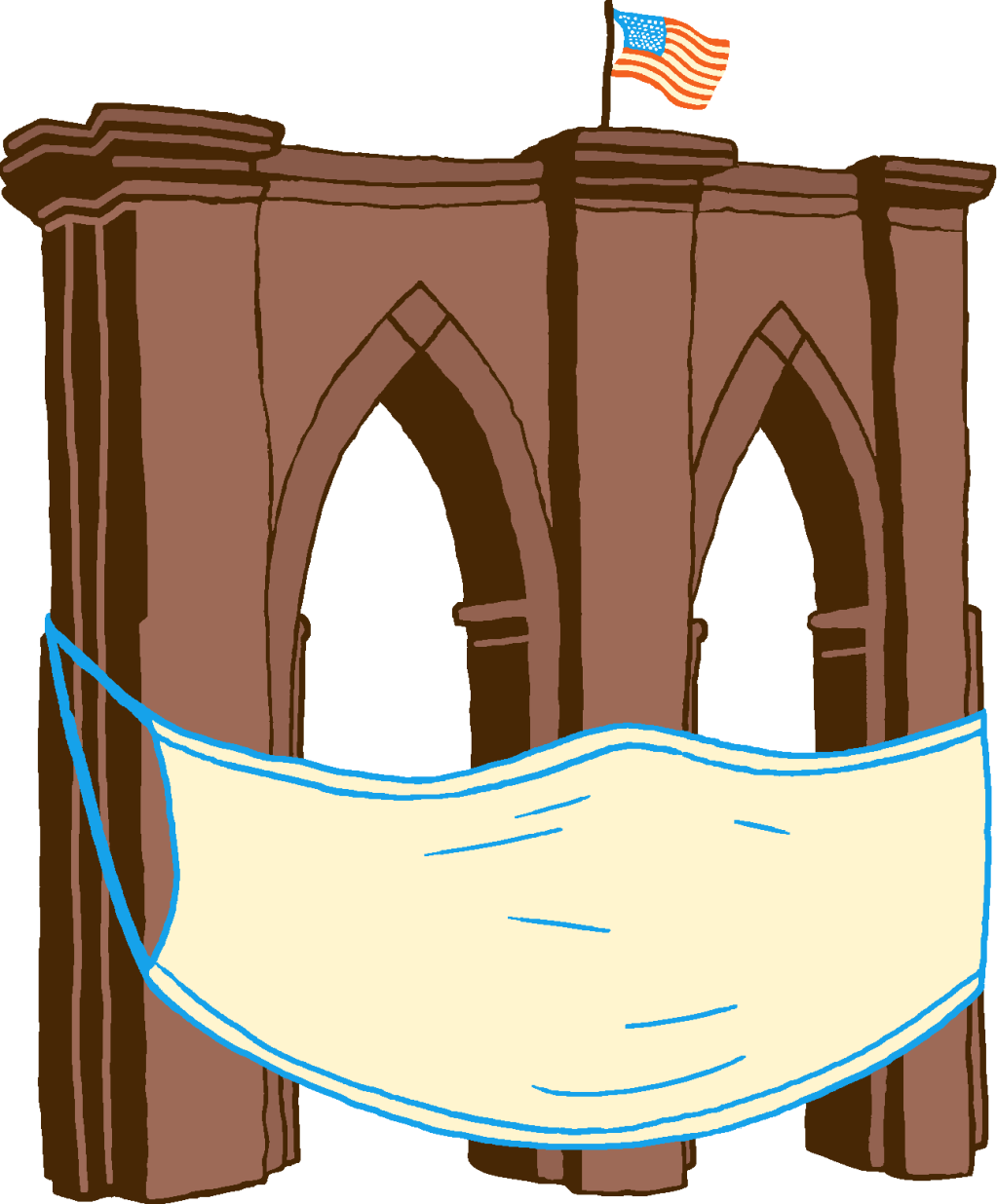 This is a cartoon of the Brooklyn Bridge, wearing a medical mask.