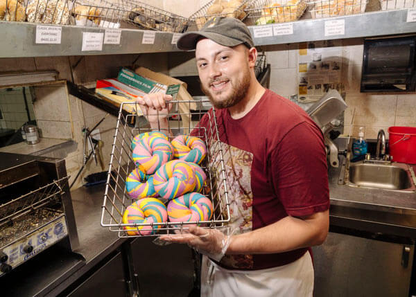 rainbow bagel at the bagel store
