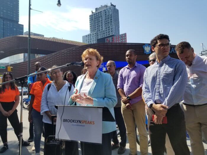 jo anne simon at podium outside barclays center at atlantic yards.