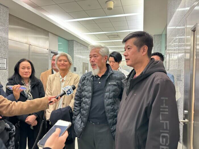 The Lei family and their spokesperson Karlin Chan speaking to the media alongside Sen. Chu following Thursday's hearing