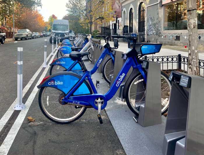 A new Citi Bike stand at Hancock Street and Malcolm X Boulevard.