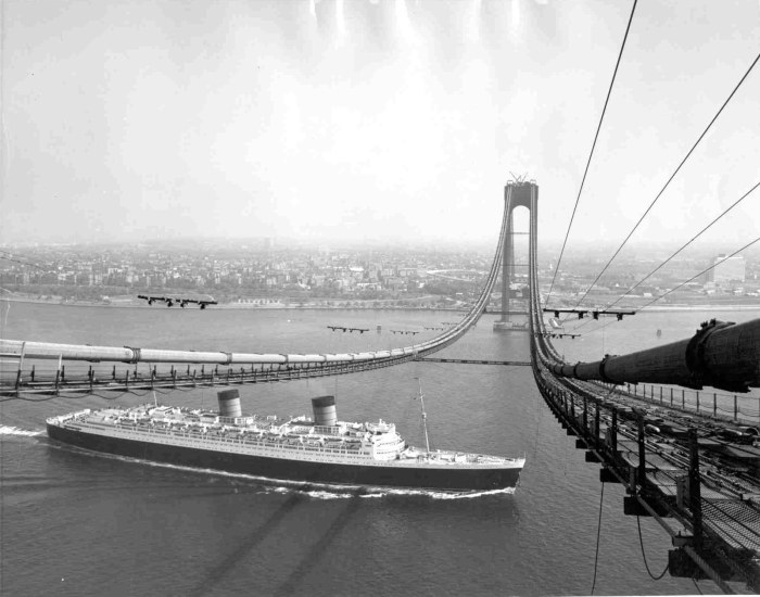 unfinished verrazzano-narrows bridge with ship