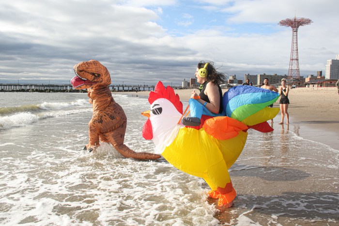 person in chicken costume at polar plunge