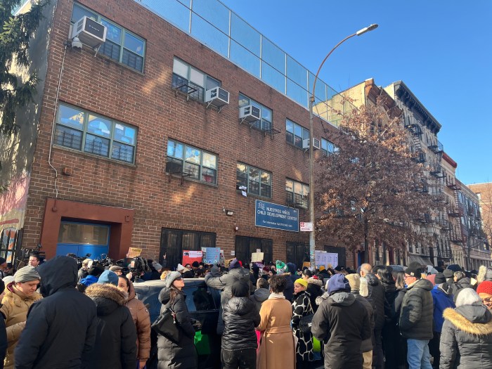crowd outside nuestros ninos childcare rally