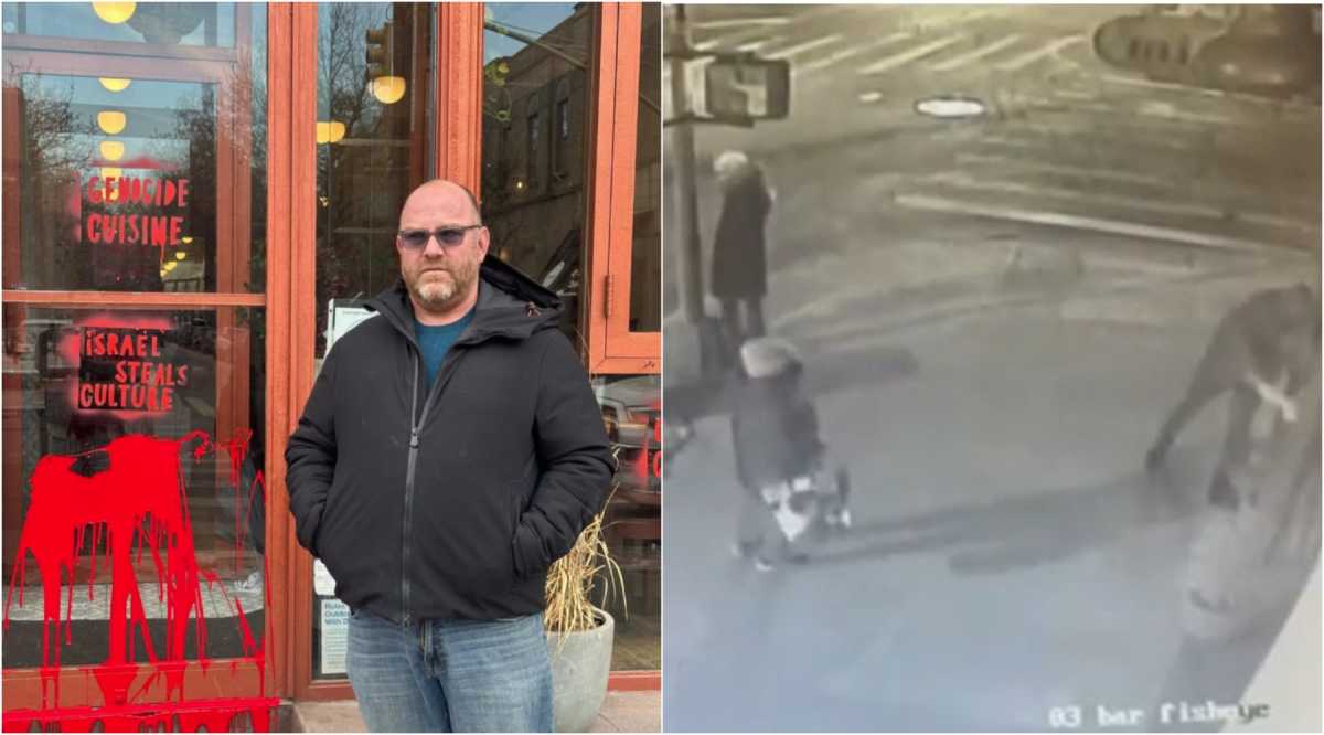 (L) Miriam owner Rafael Hasid poses next to the anti-Israel graffiti daubed by three individuals (R) in the early hours of Sunday morning