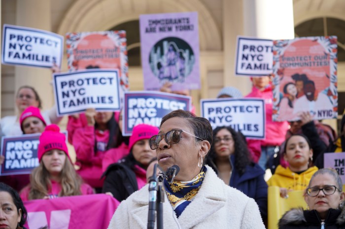 speaker adrienne adams at city hall rally for nonprofit funding