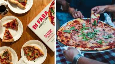 frozen di farra pizza and person eating pizza